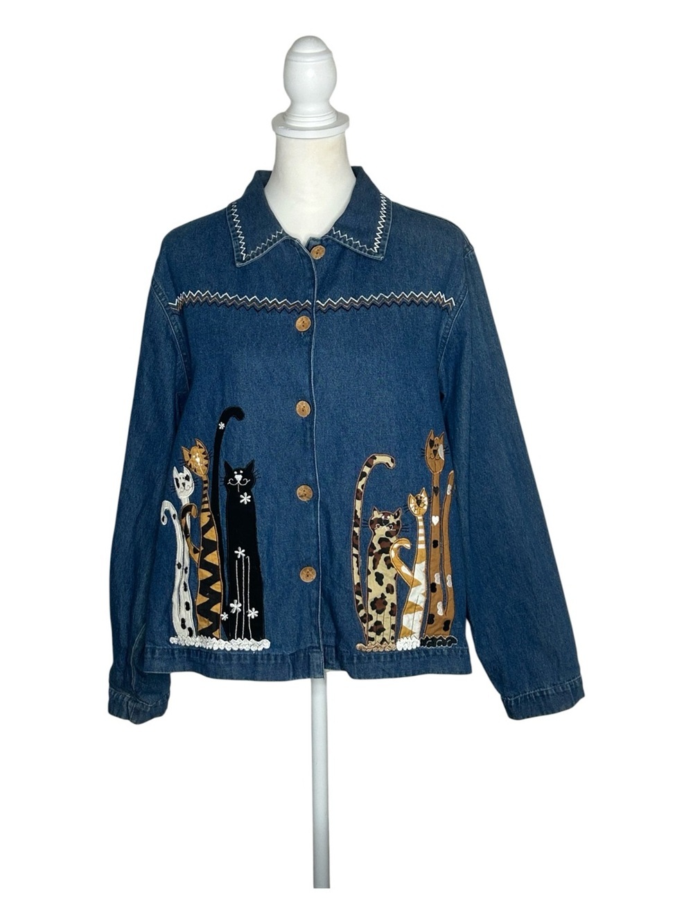 breckenridge Vintage Denim Jacket with Cat Embroidery EUC Sz XL Teachercore 90s